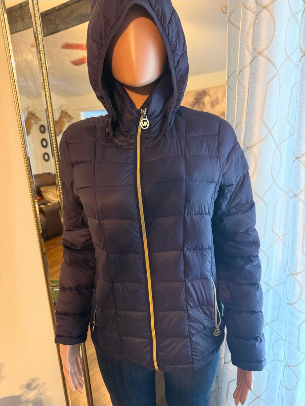 Michael Kors Dark Blue Quilted Hooded Puffer with Gold Trim